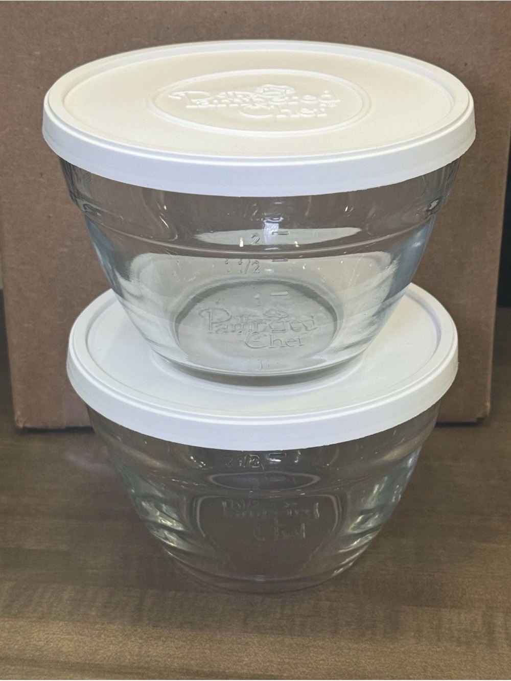 Set of 2 Pampered Chef 2.5 cup /600 ml Glass
Prep Mixing Measuring Bowl w/Lids